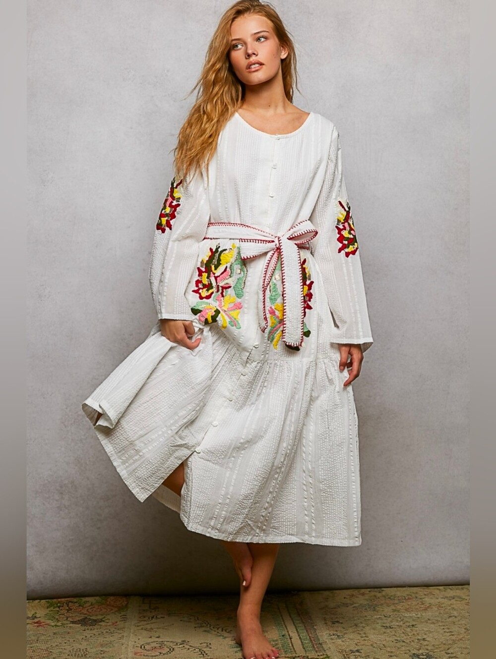 NEW!!! POL White Embroidered Maxi Dress with Belt & Colorful Floral Accents, NWT
